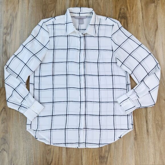 ☔️🩵H&M Ivory & Gray Windowpane Buttoned Front Long Sleeve Top Size 4 - Picture 3 of 12